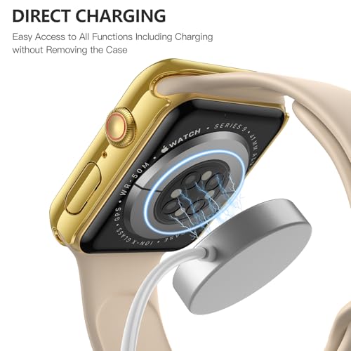 Image of Misxi Case with Screen Protector for 41mm Apple Watch Series 9 /8 /7 | 2-Pack Cover with Tempered Glass for 9 /8 /7, Scratch Resistant Sensitive Touch Protection, 1 Gold + 1 Transparent