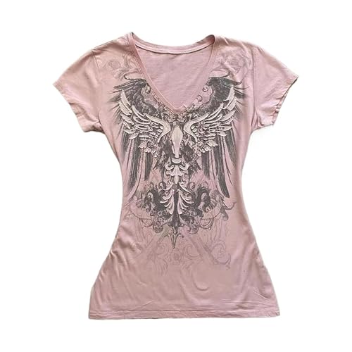 Grunge Shirts Emo Clothes Teen Girls Vintage Graphic Tee Y2k 2000s Goth Top Women Mcbling Short Sleeve Streetwear (Purple Grey,Small)