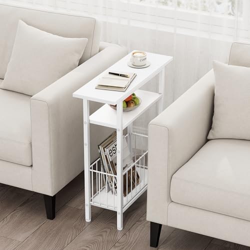 Vagusicc Narrow Side Table, Skinny Side Table for Couch, 3-Tier Small End Table for Small Spaces, Bed Side Tables with Storage, 25.2\" Tall Slim Nightstand Bedside table for Living Room, Bedroom, White