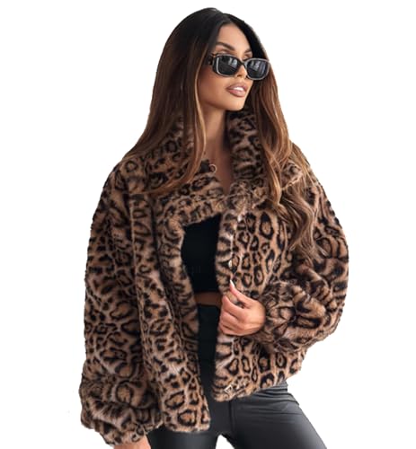 SUIUOI Damen Leoparden Mantel, Elegant Langarm Plush Parka Pelzmantel Fleecejacke Warm Winter Winterjacke mit Tasche Outwear Casual Plüschjacke mit Leopardenmuster