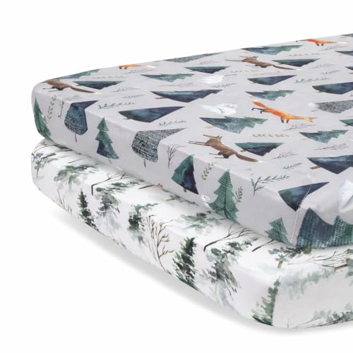 Image of Pobi Baby - 2 Pack Premium Pack N Play Sheets Fitted for Standard Pack and Plays and Mini Cribs - Ultra-Soft Cotton Blend, Stylish Animal Woodland Pattern, Safe and Snug for Baby
