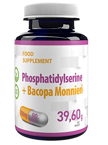 Fosfatidilserina + Bacopa Monnieri 250mg 90 Cápsulas Veganas, Probado en Laboratorio, suplemento de alta resistencia, sin gluten sin OGM