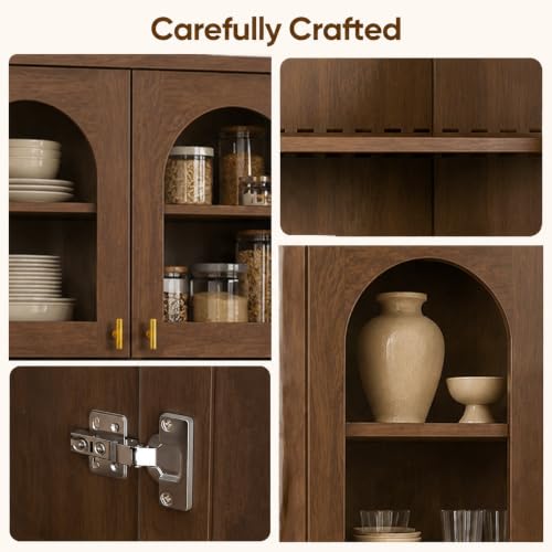 Image of ivaniti 71 inch Farmhouse Kitchen Pantry Cabinet Set of 2 with Arched Glass Doors, Dark Brown Freestanding Coffee Bar Hutch with Microwave Stand and Adjustable Shelves for Kitchen