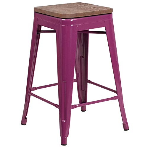 Butaco Merrick Lane Serie Dalton Alto de Mostrador - Acabado Púrpura - Asiento de Madera - Estructura Metálica con Refuerzo Cruzado - Diseño sin Respaldo - Reposapiés Integrado miniatura 3