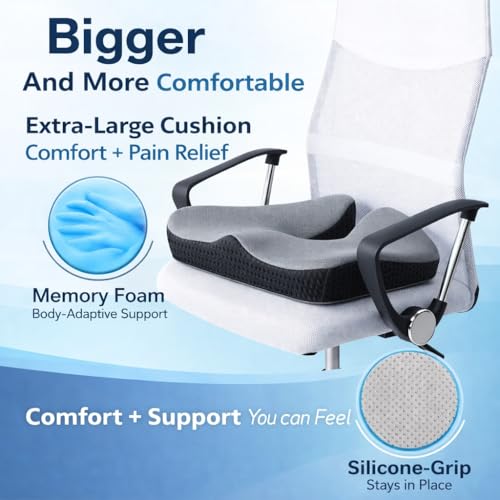 Image of Grin Health Coccyx Pro Large Thick Seat Cushion - Comfort Seating Memory Foam for Tailbone & Back Pain Relief, Orthopedic Chair Cushion for Office, Car, Home & Wheelchair Sitting (Grey)