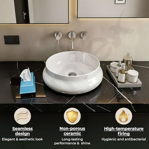 Image of Plantex Ceramic Basin /Countertop Vessel Sink /Tabletop Wash Basin /Washbasin for Bathroom with 10 Years Glaze Warranty by Plantex (White Glossy - 16 x 16 x 5.5 Inch)