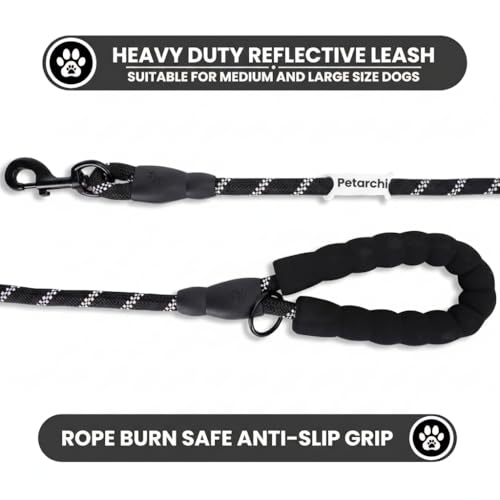 Image of Petarchi Reflective Dog Leash with Comfortable Padded Handle - Heavy Duty Nylon Rope Lead for Small Medium Large Breed Dogs, Training Walking Running Outdoor - Black with Strong Metal Clip (3FT)