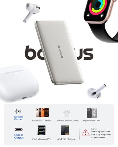 Image of Baseus Picogo Power Bank, 0.3 inch Ultra Slim 5000mAh MagSafe Portable Charger, Card-Size Magnetic Battery Pack with USB-C Braided Cable, Alloy Wireless Charger for iPhone 17 Pro Max /17 Air /16 /15 /14 /13 /12