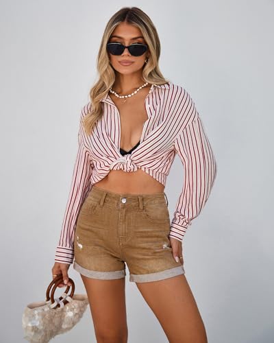 Image of GRAPENT Jean Shorts Womens High Waisted Trendy Cuffed Hem Ripped Stretchy Casual 2026 Denim Jorts Summer Shorts