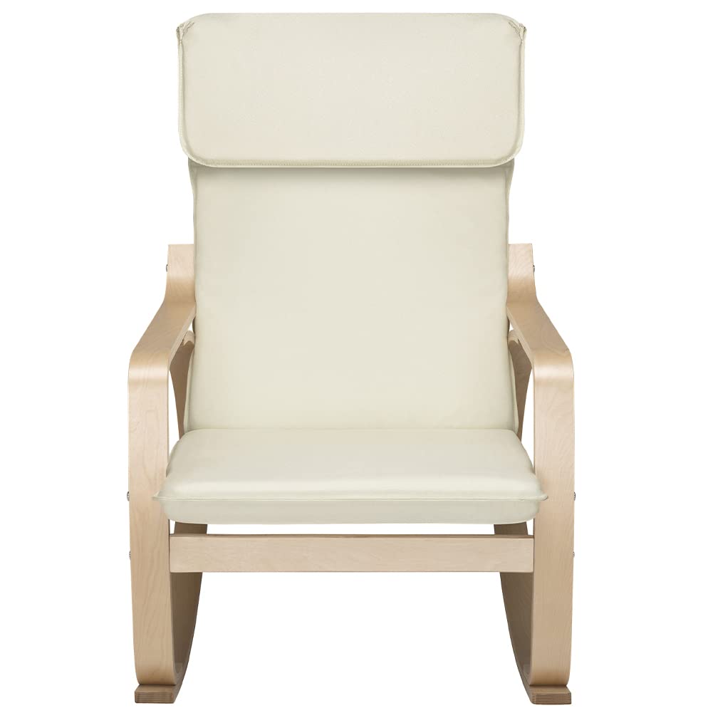 BAKAJI Sedia a Dondolo in Legno di Betulla con Rivestimento in Cotone Imbottito in Spugna Altissima Densità, Poltrona Oscillante Relax e Cuscino, Seduta Ergonomica, Carico Massimo 130kg (Beige)