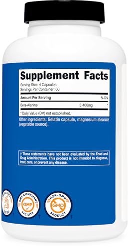 Image of Nutricost Beta-Alanine Capsules 3400mg, 240 Caps (2 Pack) - Potent Beta Alanine, Gluten Free & Non-GMO, 850mg Per Cap, 60 Serv Per Bottle | Potent Beta Alanine, Gluten Free & GMO-Free, 850mg Per Cap, 60 Serv Per Bottle