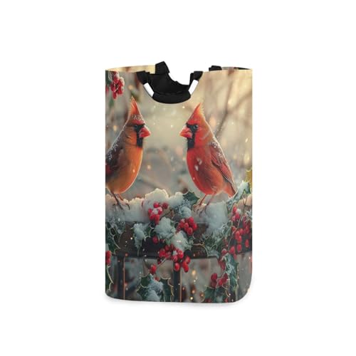 Jihqo Laundry Hamper Basket Christmas Cardinal Bird Collapsible Nursery Storage Bin Waterproof Clothing Baskets for Home Bedroom Bathroom Washing Room