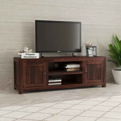 Image of Solid Sheesham Wood Entertainment TV Unit with 2 Door | Rosewood Tv Stand /TV Cabinet for Living Room | Bedroom | Wooden TV Panel with Shelf Stoarge | TV Table (Walnut)
