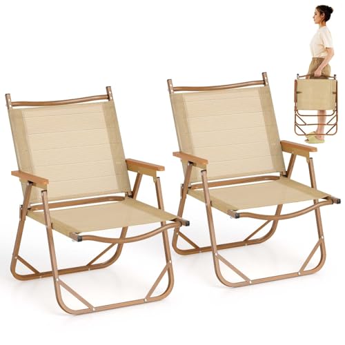 Costway Folding Camp Chairs Set of 2, Lightweight Beach Chairs with Aluminum Frame, Support 180 kg, Portable Lawn Chairs with Armrests for Outdoor