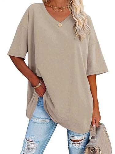 Tomwell Oversized T-Shirt Damen Sommer Tshirt Kurzarm V-Ausschnitt Oberteile Casual Longshirt Basic Sport Shirt A Khaki M