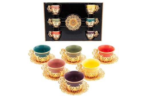 PARK & OZ Premium 12 Pc Turkish Greek Arabic Coffee Espresso Cup Saucer with Metal Holders Porcelain Set | Tea Serving Set for Women, Men, Adults, Guests or For Tea Party - Best gift idea