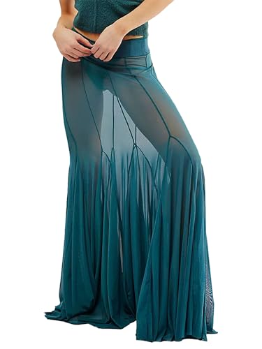 Womens Maxi Skirt Elastic Waist Sheer Mesh Tulle Skirts Summer See-Through Beach Flowy Long Swimsuit Cover Up Skirt