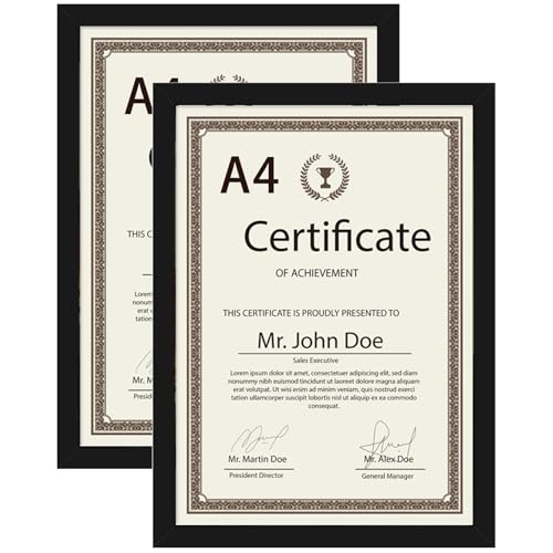 額縁 A4 29.7×21cm 賞状額縁 額 フォトフレーム 軽量 壁掛け 写真 表彰状 感謝状 記念日 贈り物 飾り ポスターフレーム (ブラック 2個入)