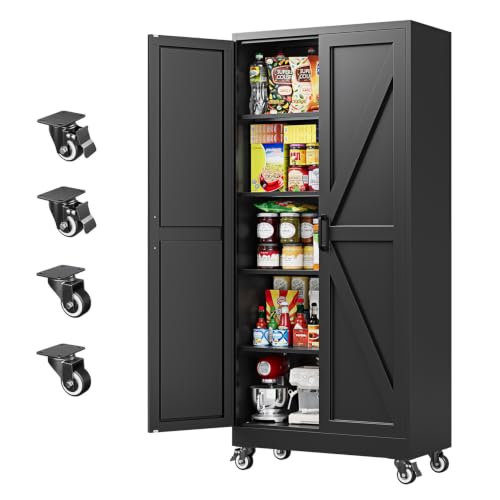 Letaya Metal Garage Storage Cabinets with Wheels,71”H Black Kitchen Pantry