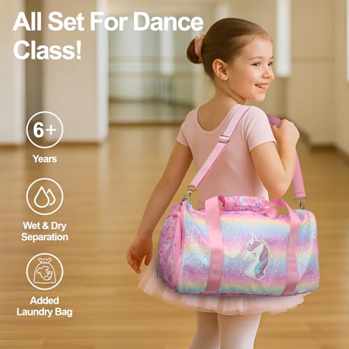 Bagseri Dance Bag for Girls - Ballet Tote with Shoes Compartment, Kids Duffle Bag for Overnight Travel with Dry Wet Separation Pockets（Glitter Unicorn, Pink）2