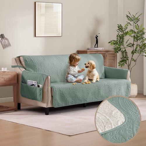 Image of Soft Sage Quilted Couch Cover with Pockets for Extra-Large Sofa, Anti-Slip Sofa Covers Washable for 3 Cushion, Pet Friendly Oversized Sofa Cover Water-Repellent (X-Large Sofa 78 inch, Sage Blue)