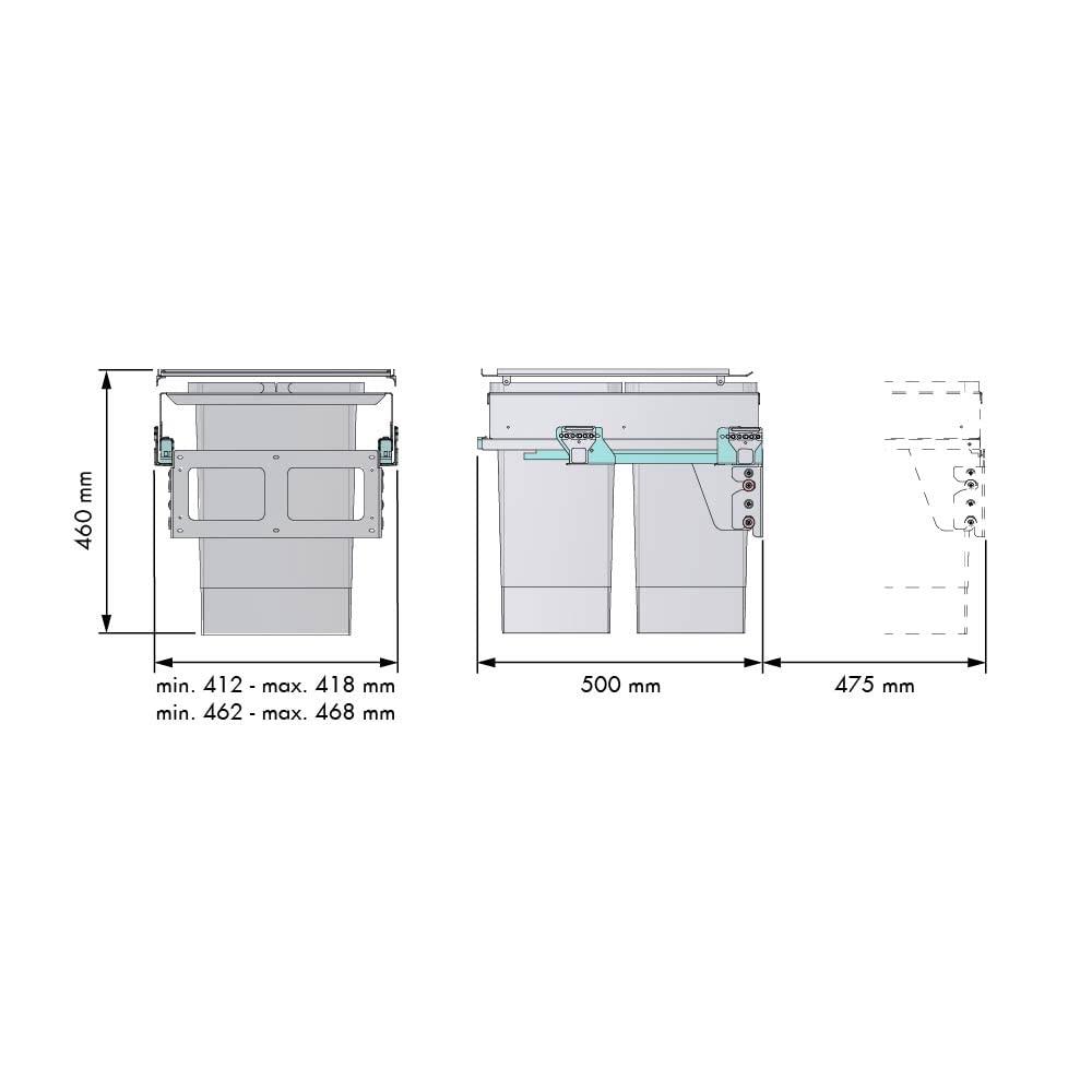 Menage Confort Pattumiera estraibile con apertura automatica per armadio da cucina - 2 contenitori da 24 l - Cestini da riciclaggio, larghezza 462-468 mm