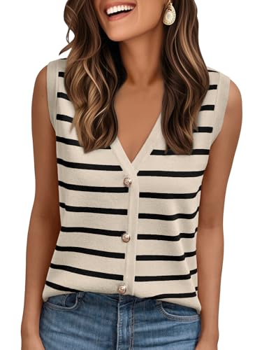 AUTOMET Vest for Women Striped Sweater Vests 2025 Trendy Summer Work Crochet Tops Button Up Business Casual Outfits