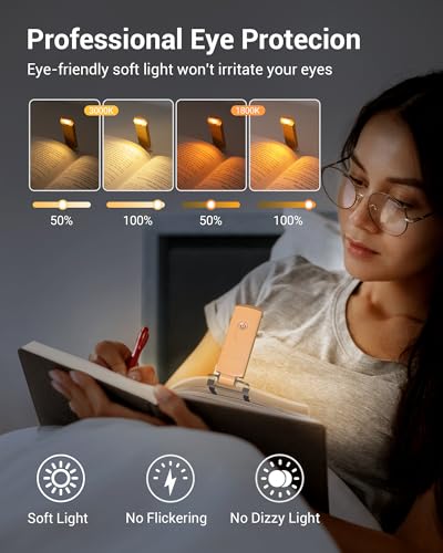 Image of DEWENWILS USB Rechargeable Book Light, LED Clip on Reading Lights for Books in Bed at Night, Portable Bookmark Lamps, 4 Brightness Adjustable, Perfect for Bookworms, Kids (Peach Fuzz)
