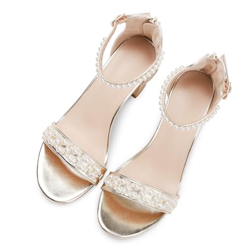 Image of Women's Heels Sandals for Women Open Toe Fashion Pearls Platform Heeled Sandals Ankle Strap Block Chunky Low Heel Pump Sandal Party Wedding Dress Shoe