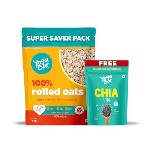 Image of Yogabar 100% Rolled Oats 1 kg | Chia Seeds 500g (Free) - Calcium, Iron & Zinc - Diet Food Healthy Snacks Gluten-Free, High-Fibre Wholegrain Oats | Nutritious Breakfast Cereal, Easy-to-Cook