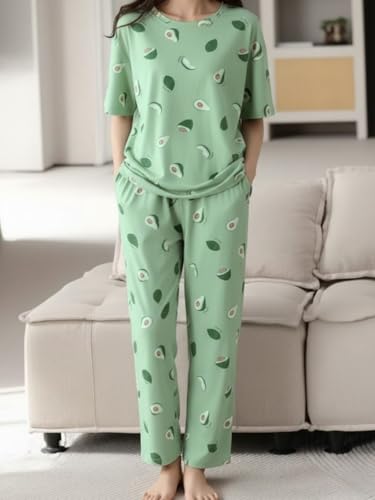 Image of Women's Korean Style Night Suit Set | Cotton Half Sleeve Top & Pyjama Set | Round Neck Printed Nightsuit | Comfortable Nightwear & Loungewear for Women | Sleepwear Pjs Lounge Set |Co-ords Outfit