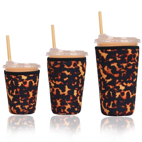 Image of Reusable Insulated Sleeve for Iced Coffee Cup, 3-Pack Coffee Neoprene Drink Sleeve for Cold & Hot Drinks, Beverage Holder for Iced Coffee (Amber Tortoise)