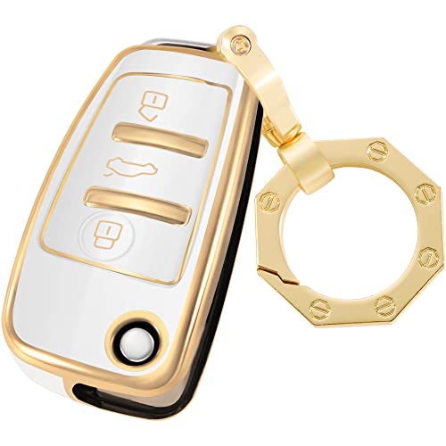 for Audi Key Fob Cover Car Key Case Shell with Gold Keychain fit Audi A1 A3 A6 Q2 Q3 Q7 TT TTS R8 S3 S6 RS3 2002-2022(White)