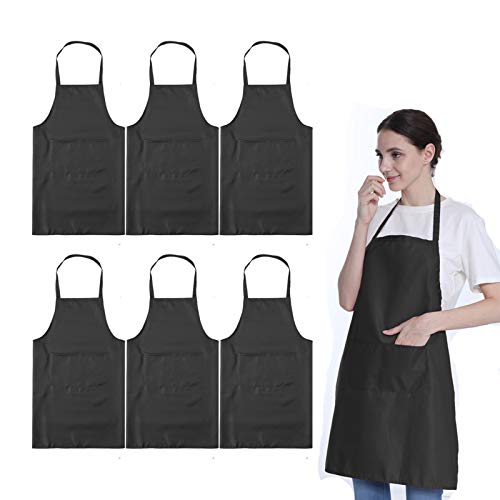 LOYHUANG Total 6PCS Black Apron for Wowen Adult Unisex with 2 Pockets-Chef Cooking Baking Kitchen Restaurant Crafting Painting Party Aprons