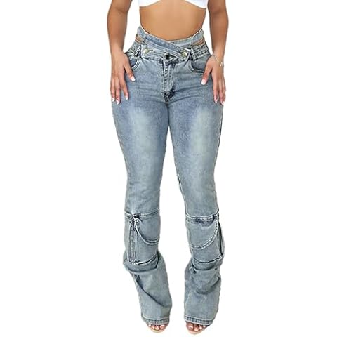 Cupitool Distressed High Waisted Skinny Jeans for Women Trendy Stacked Two Crossover Denim Pants Jean Leggings Blue Cover