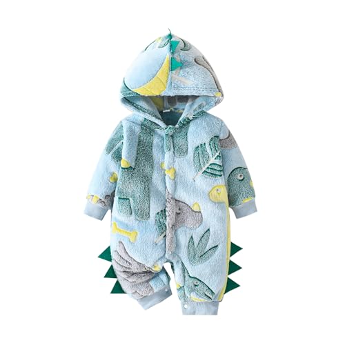 XIXIMAON Infant Baby Boy Plush Hooded Jumpsuit Dinosaur Pattern Button Front Long Sleeve Hoodie Romper Toddler Bodysuit Fall Winter Clothes (Navy Blue, 0-3 Months)