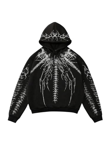 Floerns Men's Gothic Skeleton Print Long Sleeve Hooded Sweatshirts Fleece Hoodie Pullover