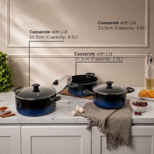 Image of Kreme Aura Granite Non Stick 8 Pcs Cookware Set | Aluminum Casserole Set with Glass Lid | 2.5 LTR + 3.5 LTR + 4.5 LTR | Uses Less Oil | Induction Base Gas Compatible | Biryani Pot | PFOA-Free, Blue