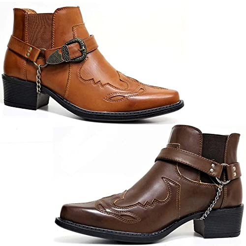 AngryMonkey Men's Pointed Toe Cowboy Boots Slip-On Chunky Heel Western Bootie Arch Support Personality Buckle Belt Chain Strap4