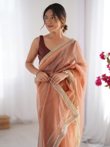 Image of AKHILAM Women's Shimmer Net Solid Saree With Unstitched Blouse Piece