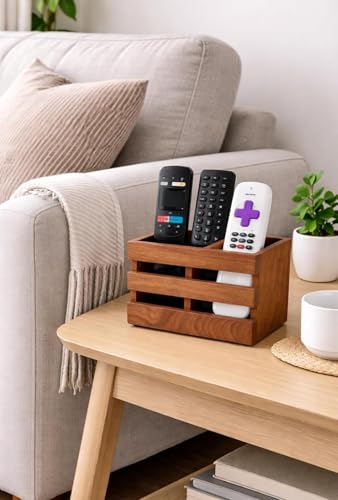 Image of Wooden Remote Control Holder Stand for Living Room & Bedroom | 2 Compartment Remote Organizer for TV, Sofa & Side Table | Brown