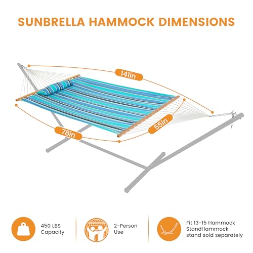 Image of Lazy Daze Hammocks 12 FT Sunbrella Fabric Quilted Hammock Double Sunbrella Quilted Hammock with Spreader Bars & Pillow, All Weather and Fade Resistant for Outdoor, 450 lbs Capacity, Dolce Oasis