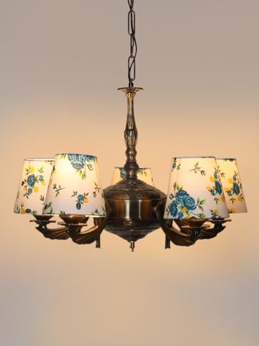 Image of Devansh 05-Light Printed Conical Multicolor Cotton Shade Chandelier - Antique Golden Finish | Adjustable Cord | Warm Glow Lamp - Ceiling Light for Living Room, Dining Area, BedroomDecor - D8