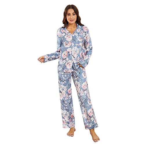 Image of LYCY Womens Pajama Sets Floral Print, Long Sleeve Button Down Pajamas Set for Women Soft Sleepwear Pjs 2 piece Loungewear