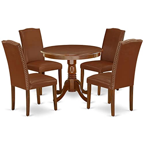 East-West-Furniture-ANEN5-MAH-66-5-Piece-Dining-Set-Includes-a-Round-Dining-Room-Table-with-Pedestal-and-4-Brown-Faux-Faux-Leather-Upholstered-Parson-Chairs-36x36-Inch-Mahogany East West Furniture ANEN5 MAH 66 5 Piece Dining Set Includes a Round Dining Room Table with Pedestal and 4 Brown Faux Faux Leather Upholstered Parson Chairs 36×36 Inch Mahogany
