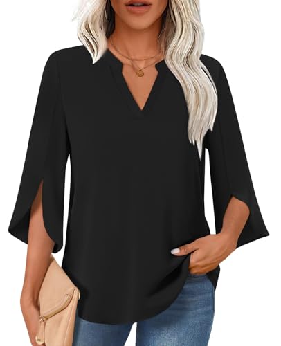 Women Blouses Dressy Casual 3/4 Sleeve Tops Business Work Chiffon Office V Neck Shirts M-3XL