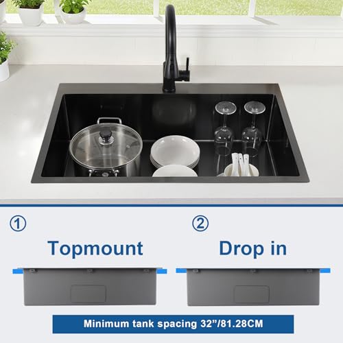 Image of 33x22 Drop In Kitchen Sink, Gunmetal Black 16 Gauge Stainless Steel Topmount Single Bowl, Modern Handmade 9 Inch Deep Kitchen Laundry Utility Sink