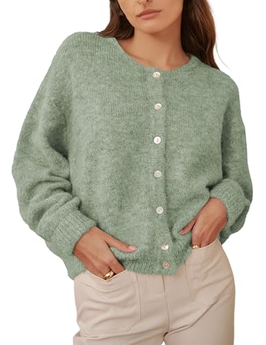 Image of Ynhonra Womens Cardigan Sweater Front Button Loose Y2k Long Sleeve Crewneck | Lightweight Knit Ribbed Hem