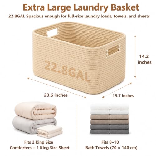 Image of 22.8GAL Xl Extra Large Laundry Basket for Bathroom, Dorm dirty Clothes, Sturdy Portable Aesthetic Boho Cute Woven Storage Shoes Blanket Baskets for Living Room Decor Girls Boys Pets Toys Oatmeal