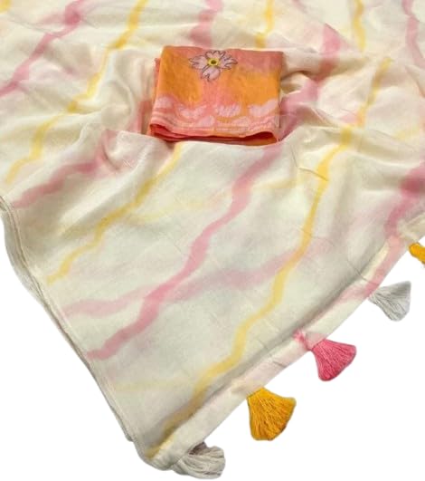 Image of Women's Linen Cotton Blend Saree Multicolor Ikat Brush Print Scalloped Border with Floral Print Unstitched Blouse Piece